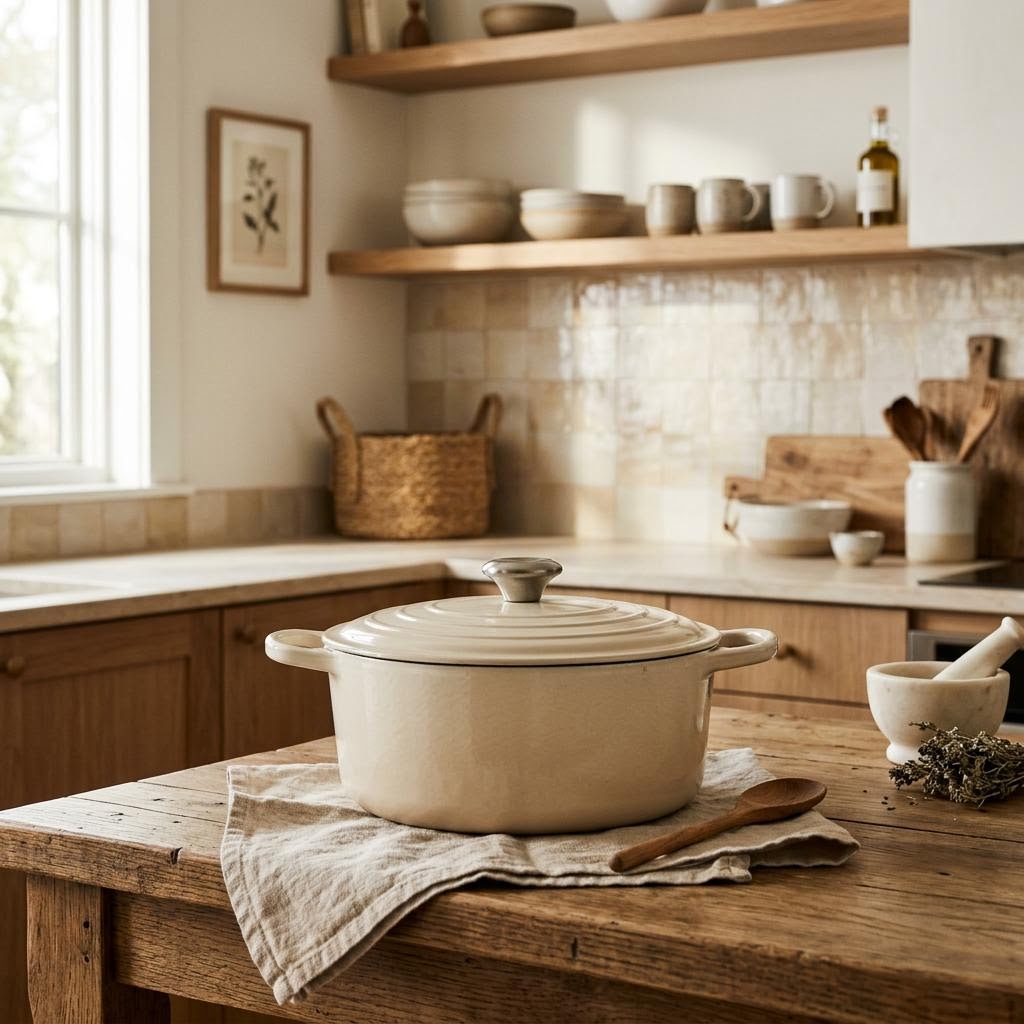 Cream enameled Dutch oven on a rustic kitchen counter