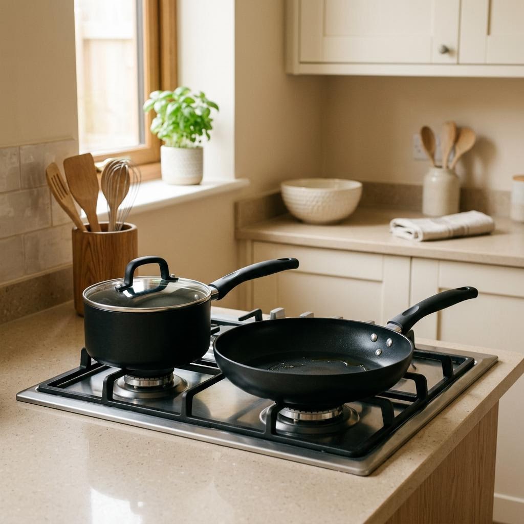 Nonstick skillet and saucepan in a home kitchen