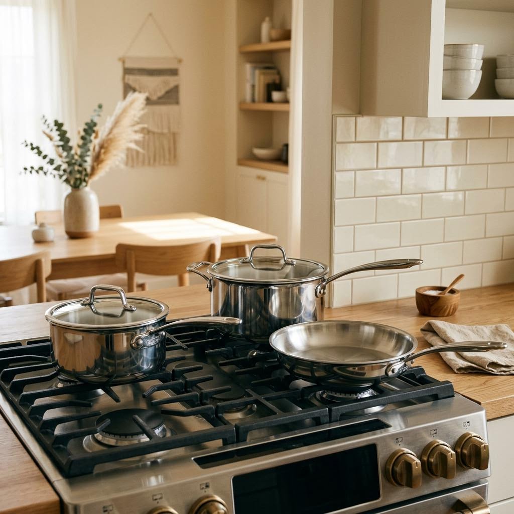 Stainless steel cookware arranged on a kitchen stove