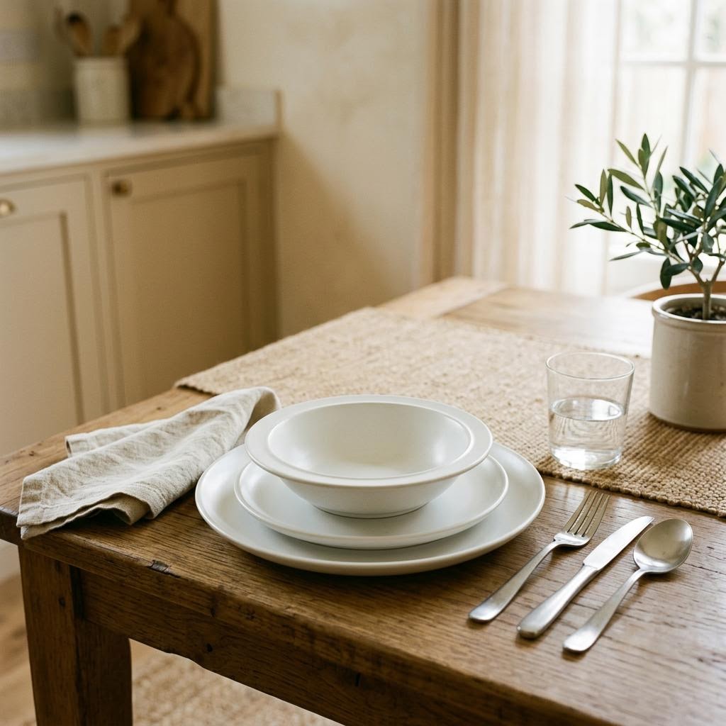 White porcelain plates and bowl on a welcoming dining table