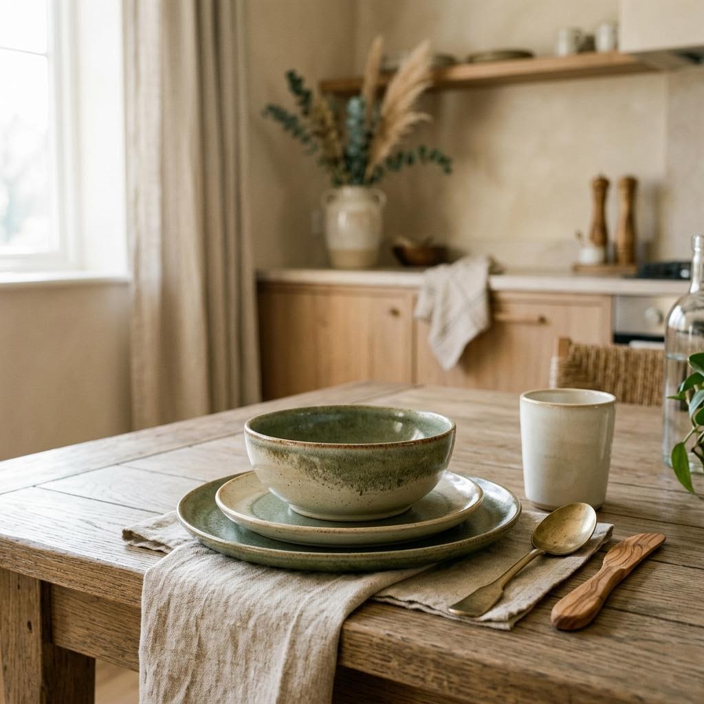 Artisanal reactive-glaze stoneware dishes in a warm dining room