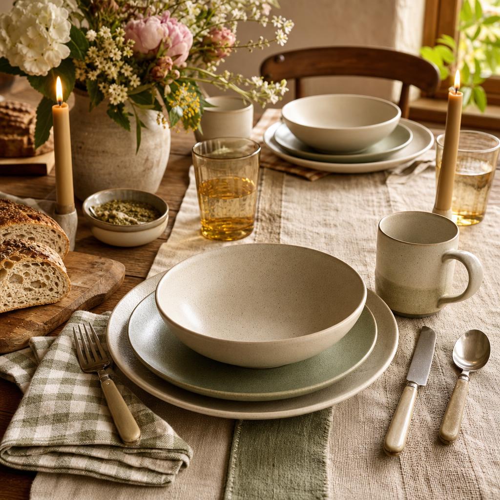 Two stoneware place settings with flowers, candles, and bread on a warmly dressed dining table