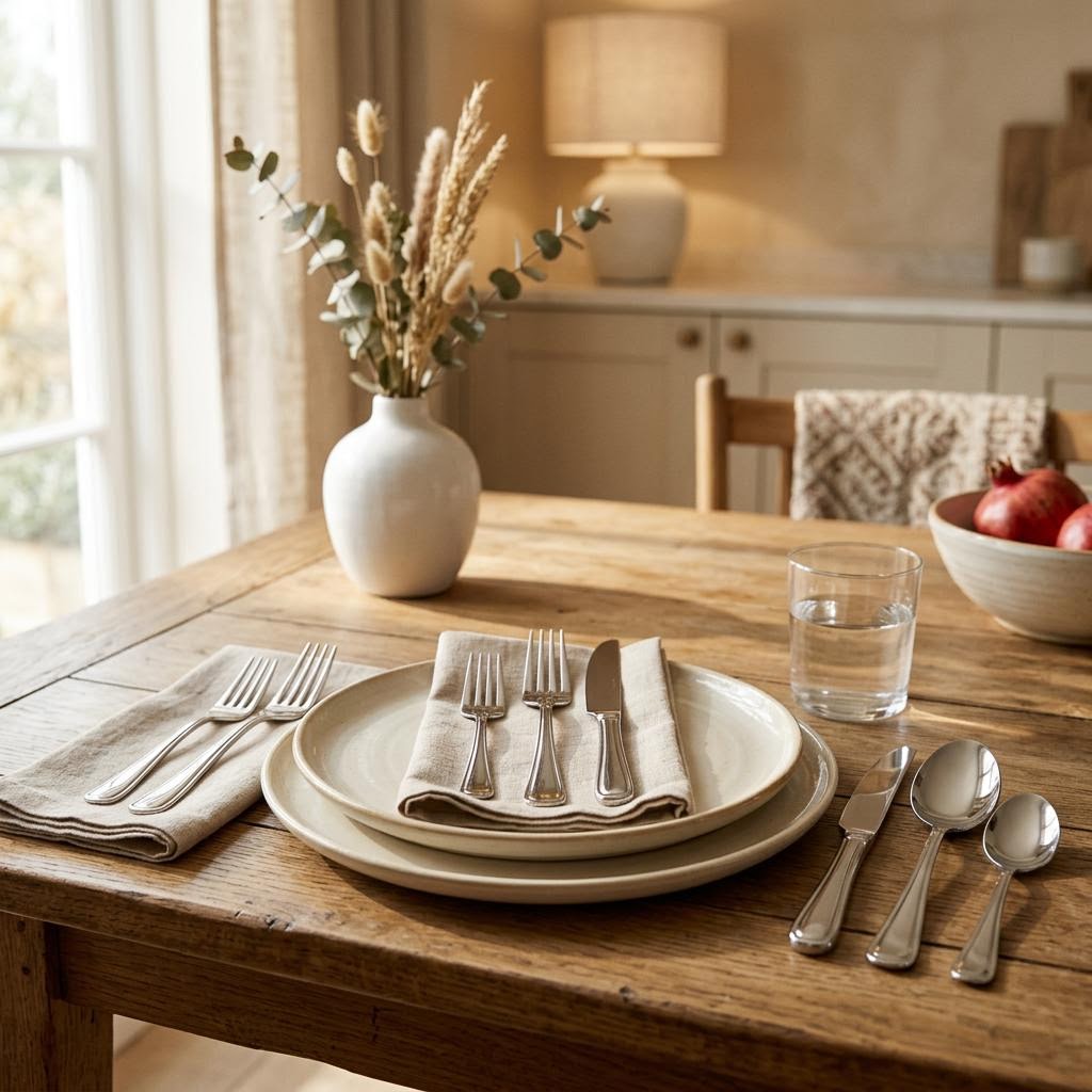 Classic stainless steel cutlery at a dining place setting
