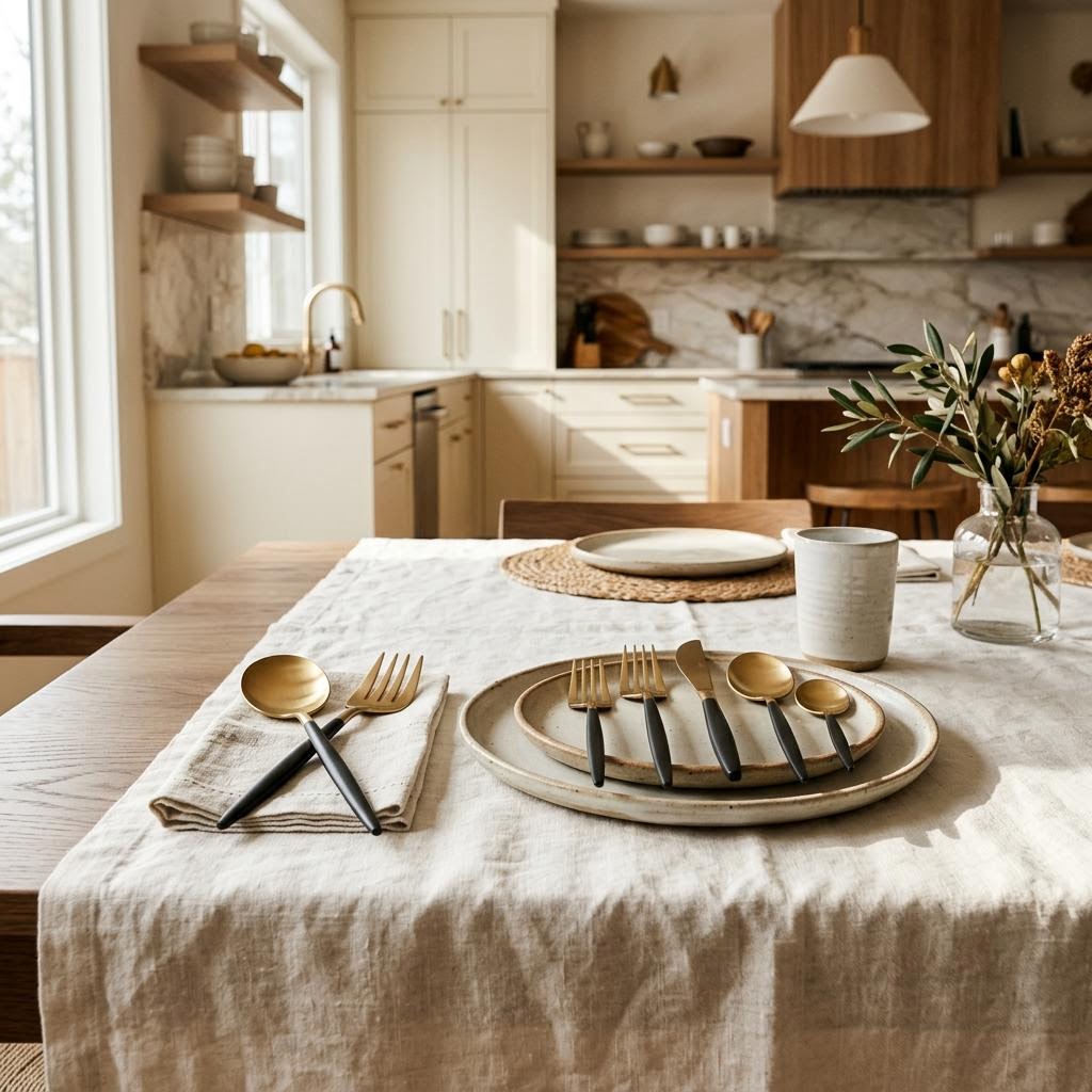 Statement flatware and serving pieces styled on linen