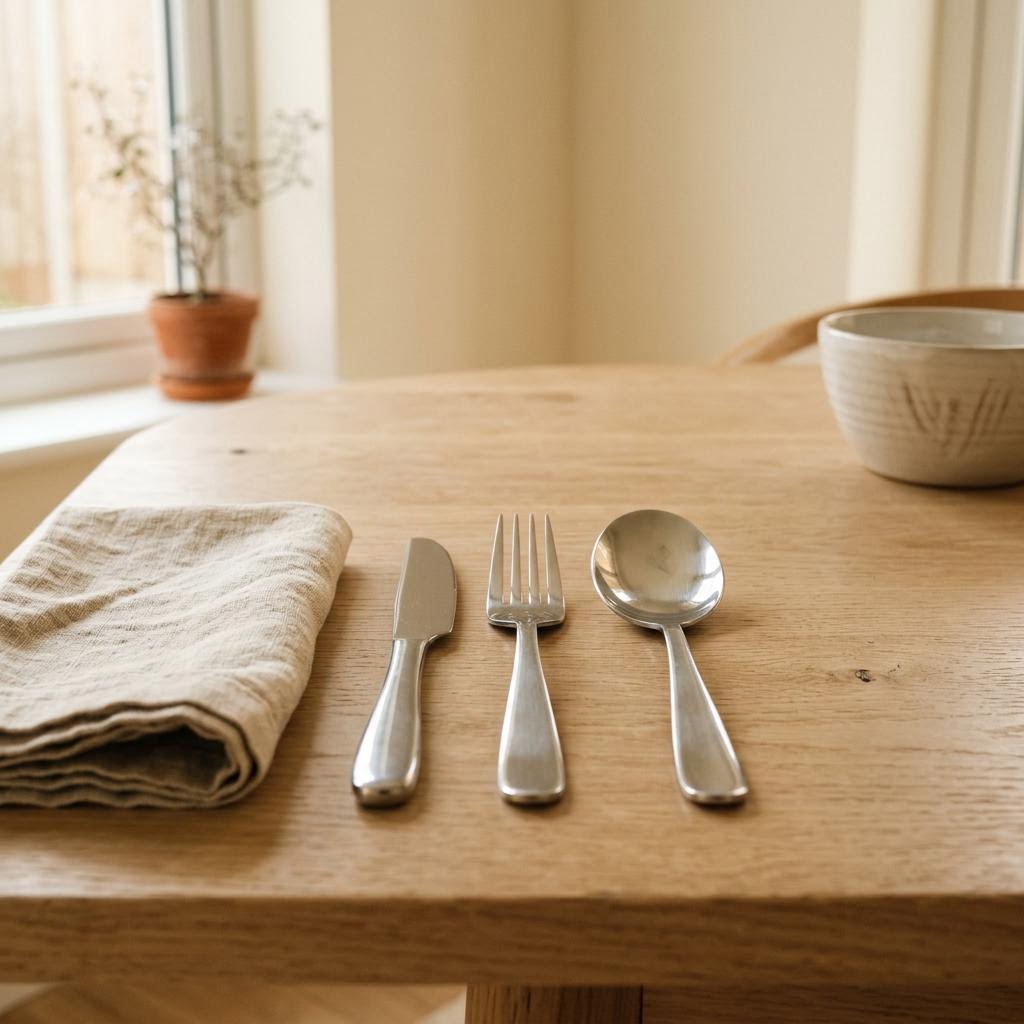 Stainless steel flatware beside a linen napkin