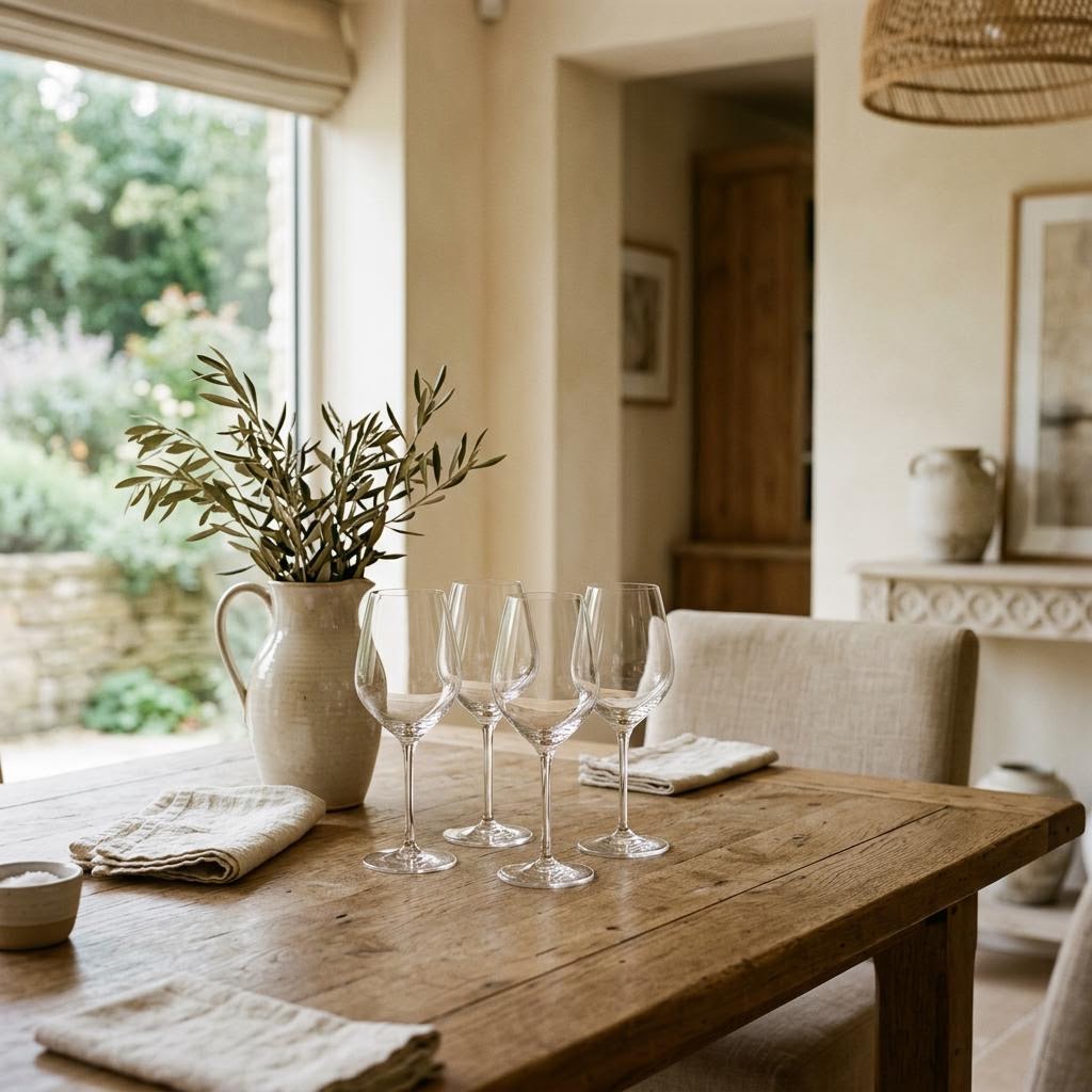 Elegant crystal wine glasses in a warm dining room