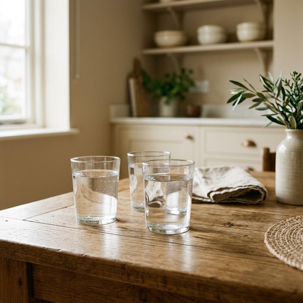 Everyday clear drinking glasses on a wooden table
