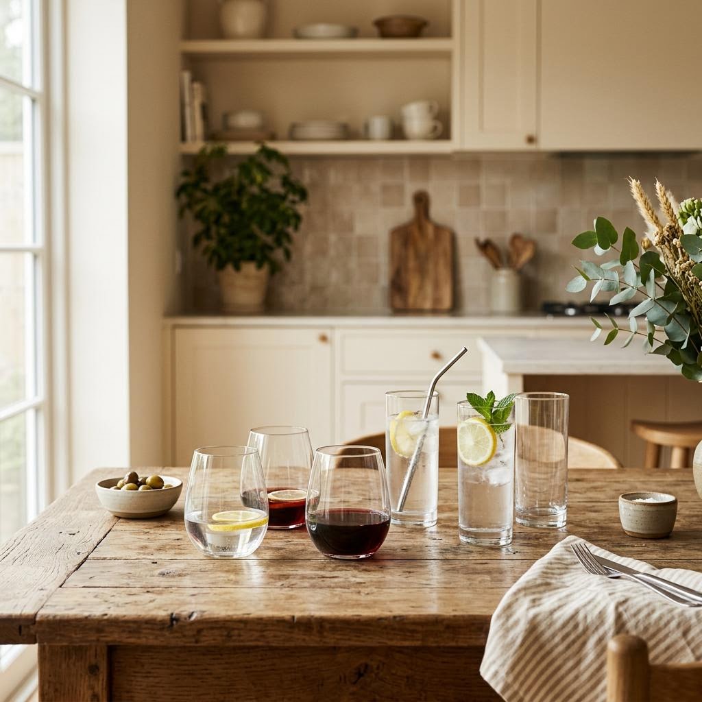 Stemless wine and highball glasses on a dining table